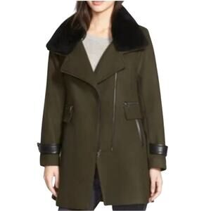 Trina Turk Aubree Wool Winter Coat Dark Olive Detachable Shearling Collar Sz 10